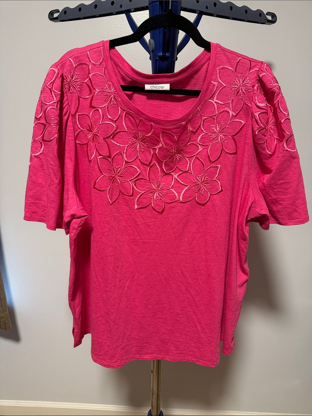 Chico's Hot Pink Floral Appliqué Scoop Neck Tee